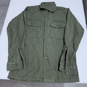 Vintage Military Utility Shirt Olive Drab Cotton Sateen Button Up Jacket Mens M